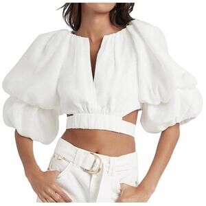 Bond 73 M Impressions Puff Sleeve Crop Shirt Ivory Tie Cut Out Waist
